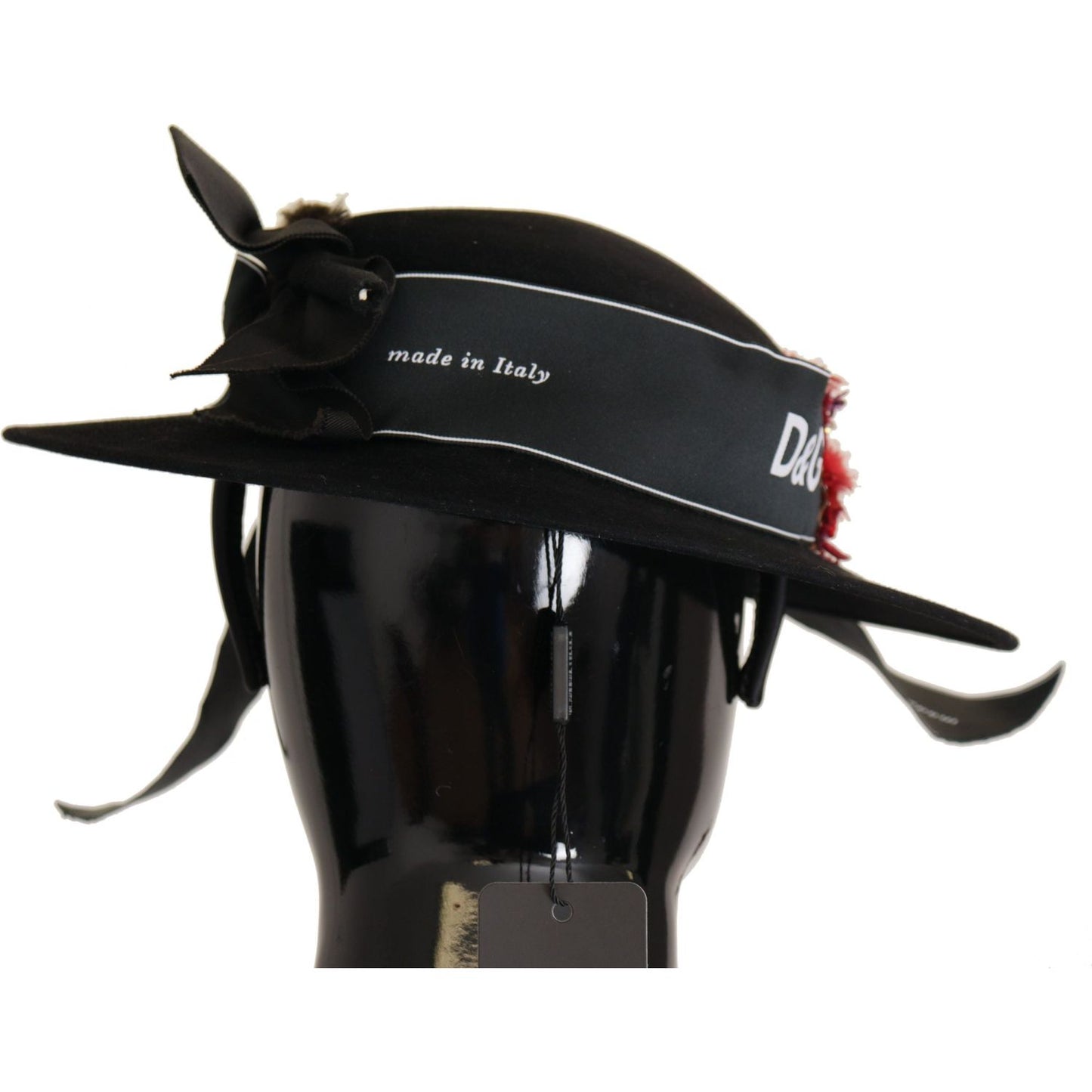 Dolce & Gabbana Black Lapil Crystal Heart Feather Brooch Fedora Hat HAT9279- 57