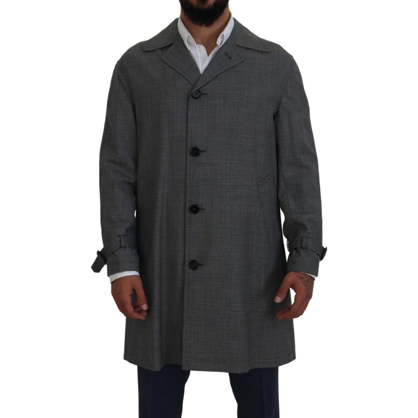 Dolce & Gabbana Gray Wool Plaid Long Trench Coat Jacket Trench Coat Jacket KOS2172- 44