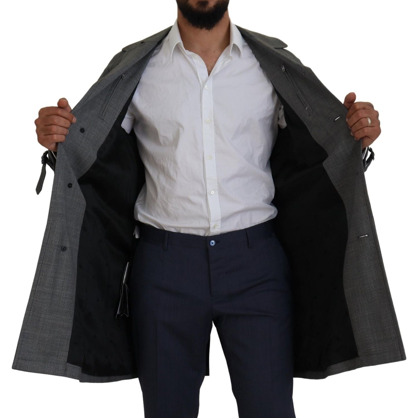 Dolce & Gabbana Gray Wool Plaid Long Trench Coat Jacket Trench Coat Jacket KOS2172- 44