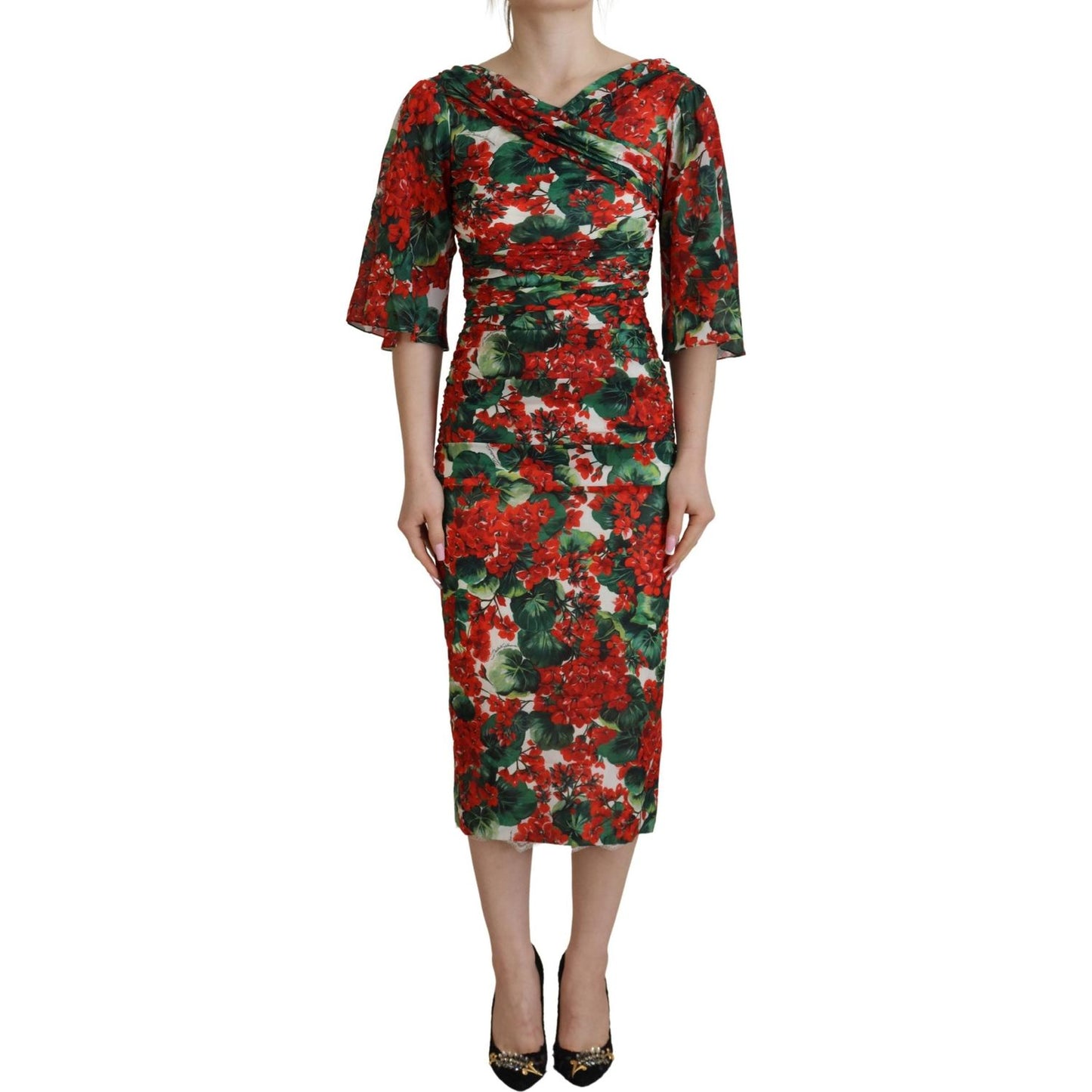 Dolce & Gabbana Multicolor Geranium Silk Sheath Midi Dress DR28780 - 38