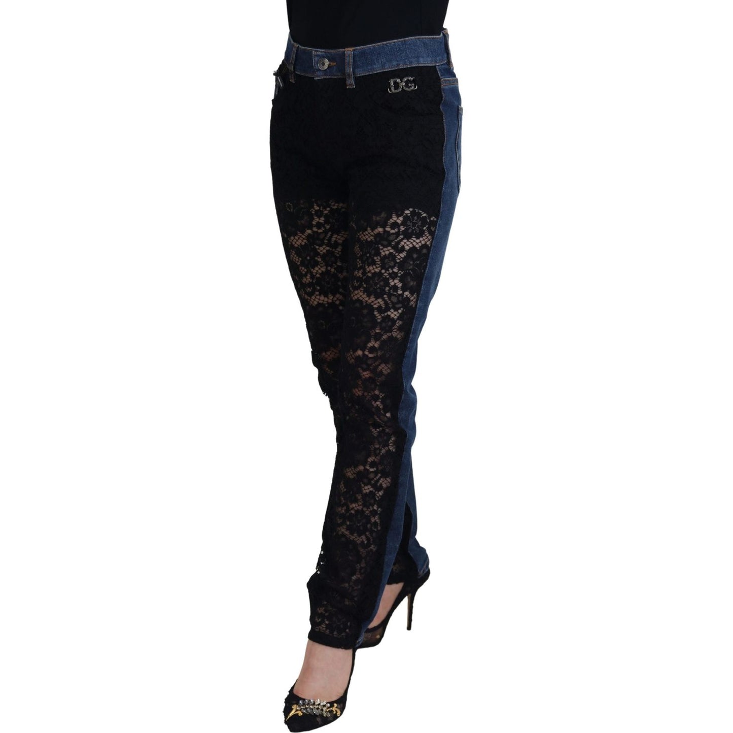 Dolce & Gabbana Black Floral Lace Front Skinny Denim Jeans PAN74208 - 40