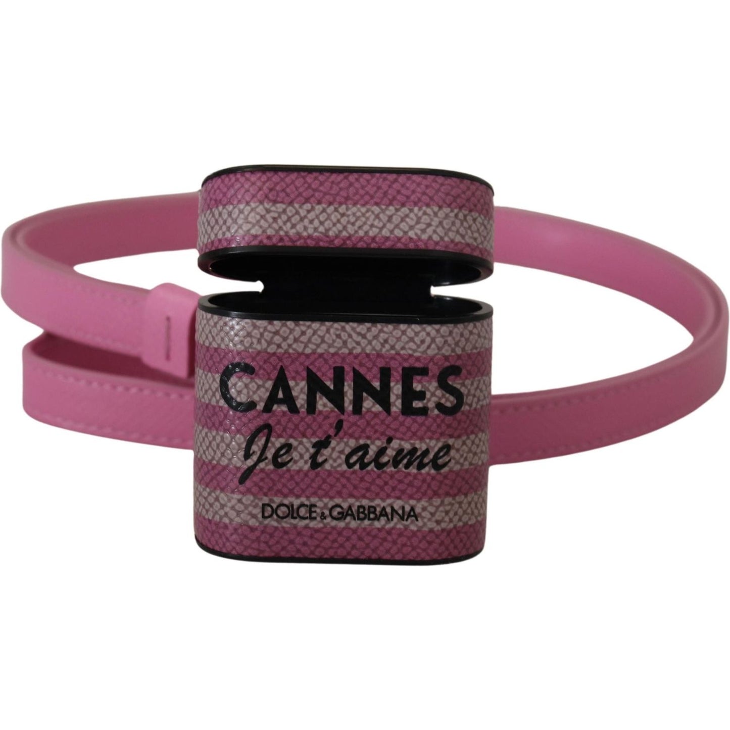 Dolce & Gabbana Pink Black Leather Strap Gold Metal Logo Airpods Case SMY100999