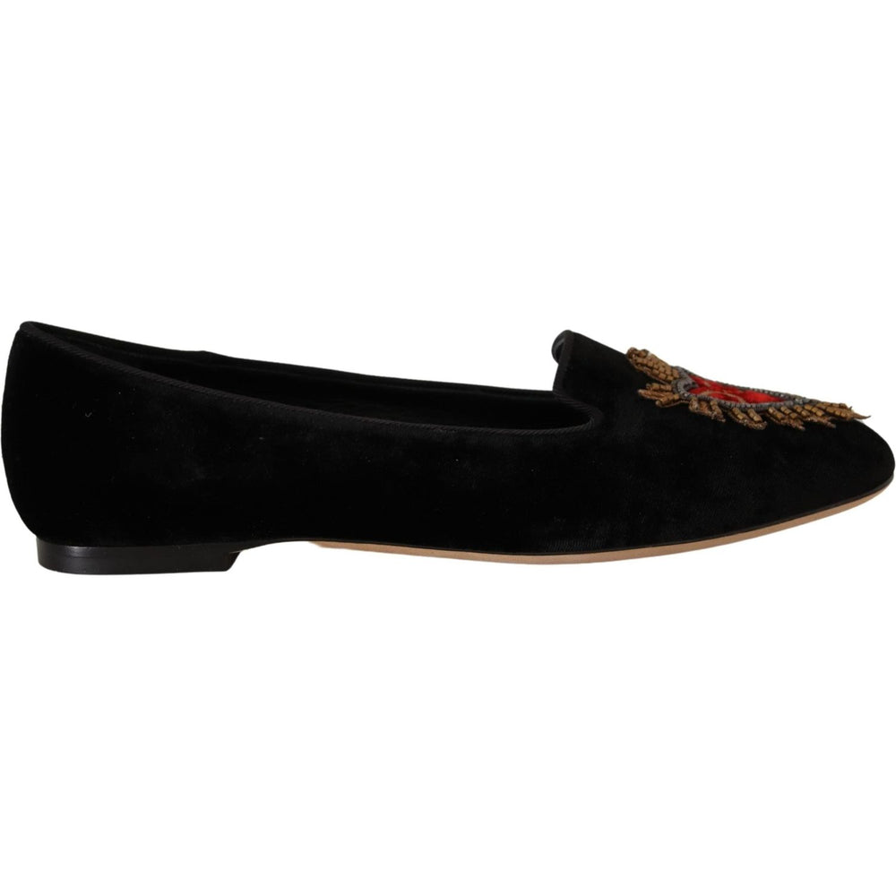 Dolce & Gabbana Black DG Sacred Heart Patch Slip On Flat Shoes LA9901 - 35