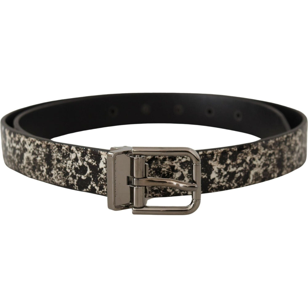 Dolce & Gabbana Black Marble Print Leather Silver Logo Buckle Belt BEL8440- 90