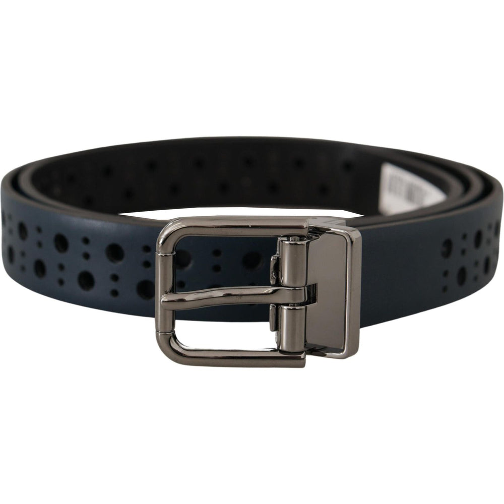 Dolce & Gabbana Navy Blue Perforated Leather Skinny Metal Buckle Belt BEL8478- 90