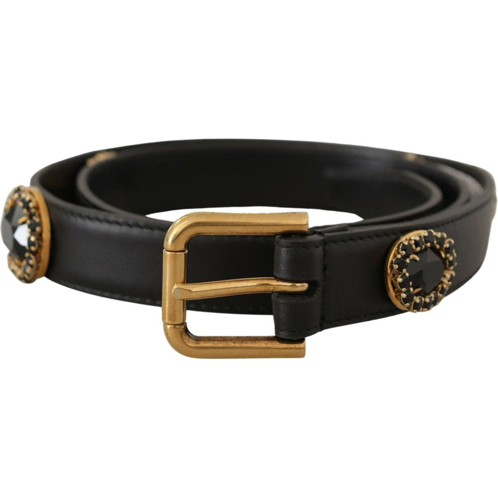 Dolce & Gabbana Black Leather Embellished Crystal Logo Belt BEL8618 - 85
