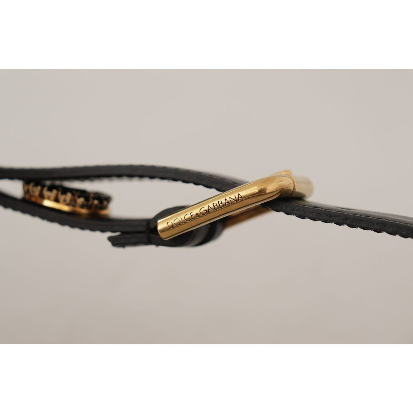 Dolce & Gabbana Black Leather Embellished Crystal Logo Belt BEL8618 - 85