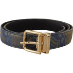 Dolce & Gabbana Navy Blue Jacquard Gold Tone Logo Metal Buckle Belt WMB108 - 75