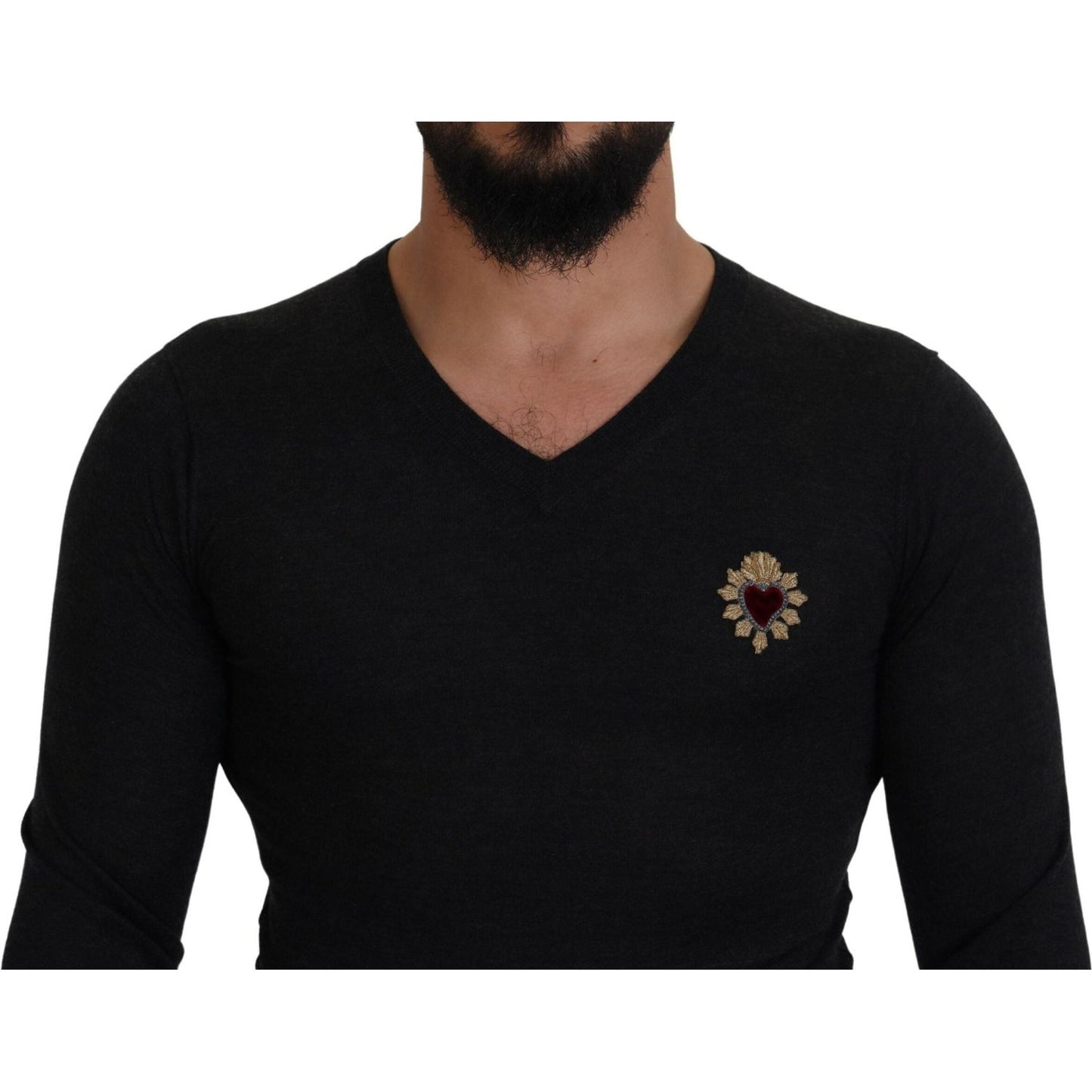 Dolce & Gabbana Gray Cashmere V-neck Gold Heart Sweater TSH83627- 44