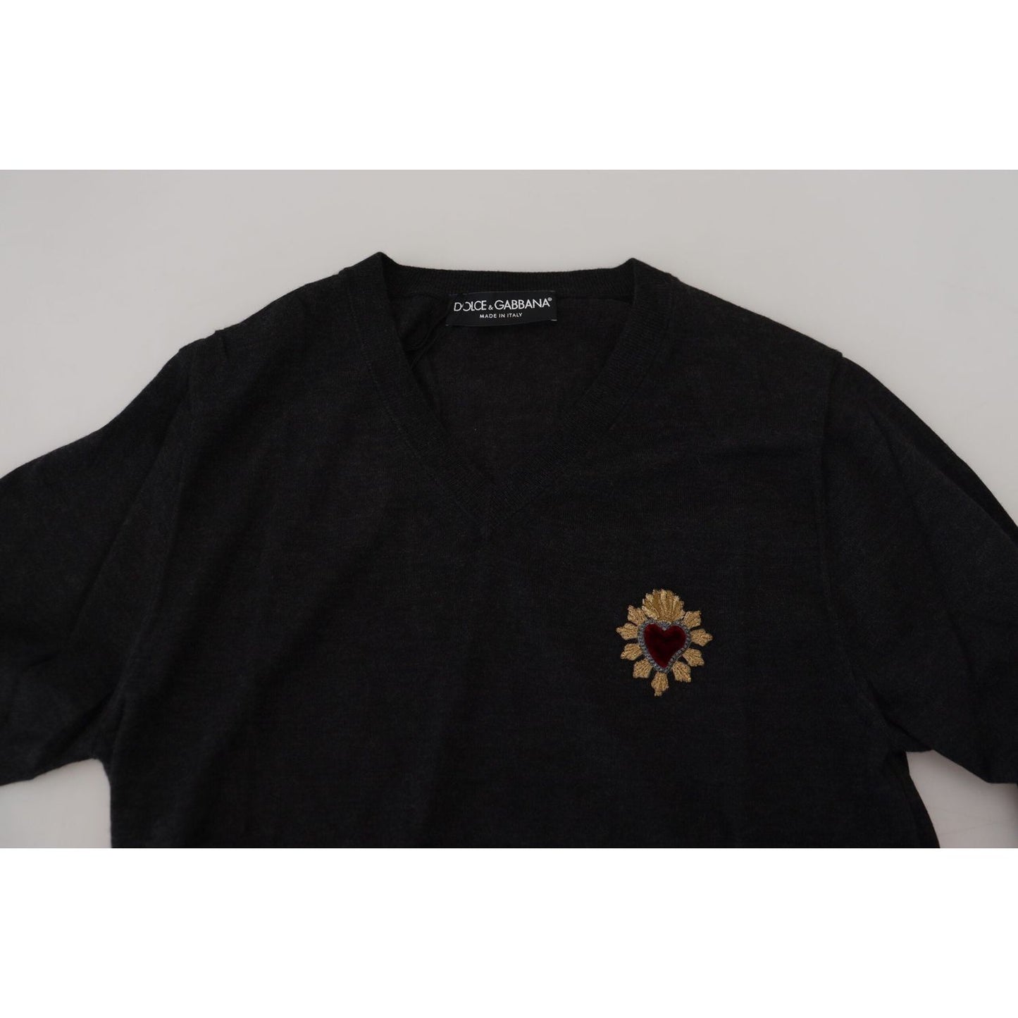 Dolce & Gabbana Gray Cashmere V-neck Gold Heart Sweater TSH83627- 44