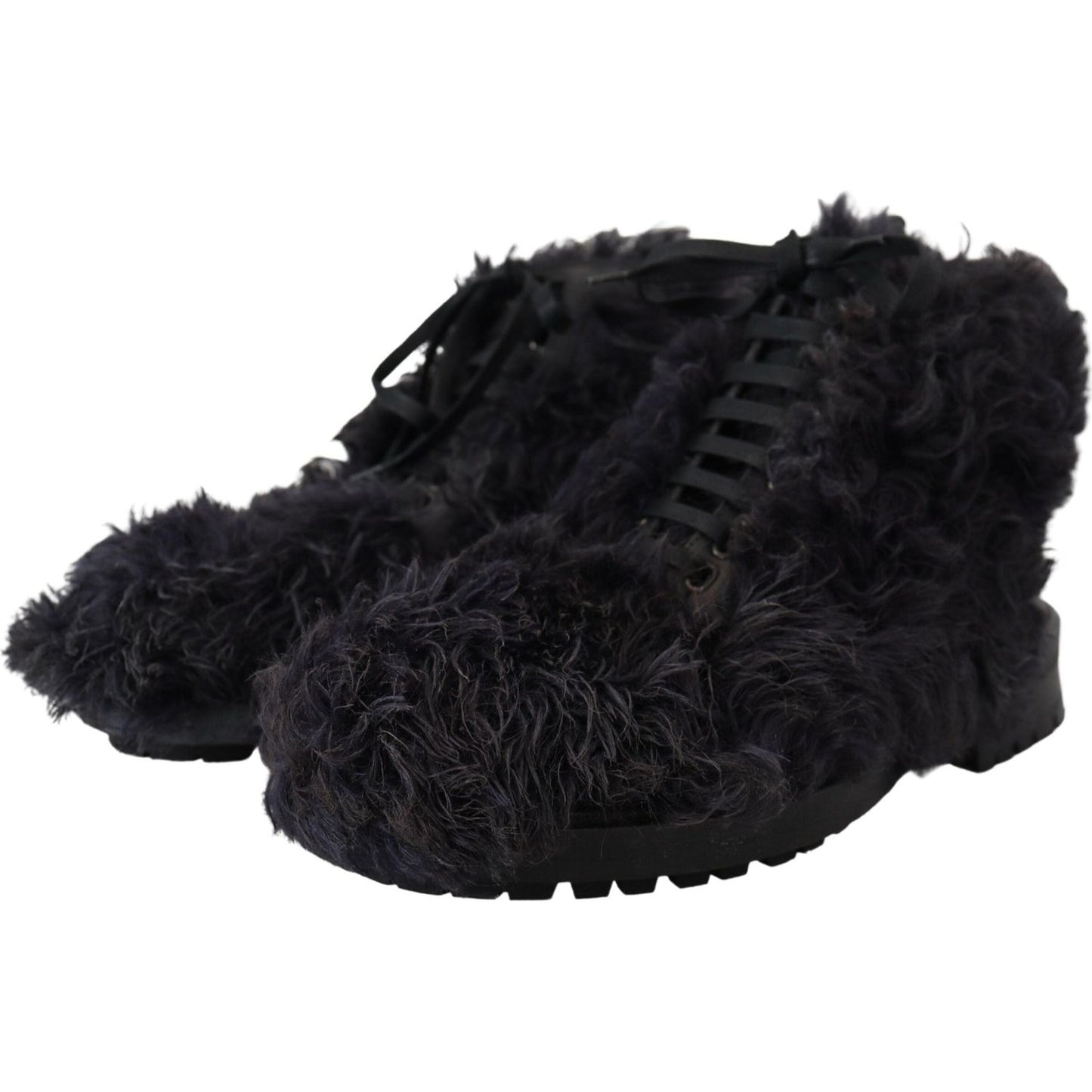 Dolce & Gabbana Black Leather Combat Shearling Boots Shoes MV4924- 42