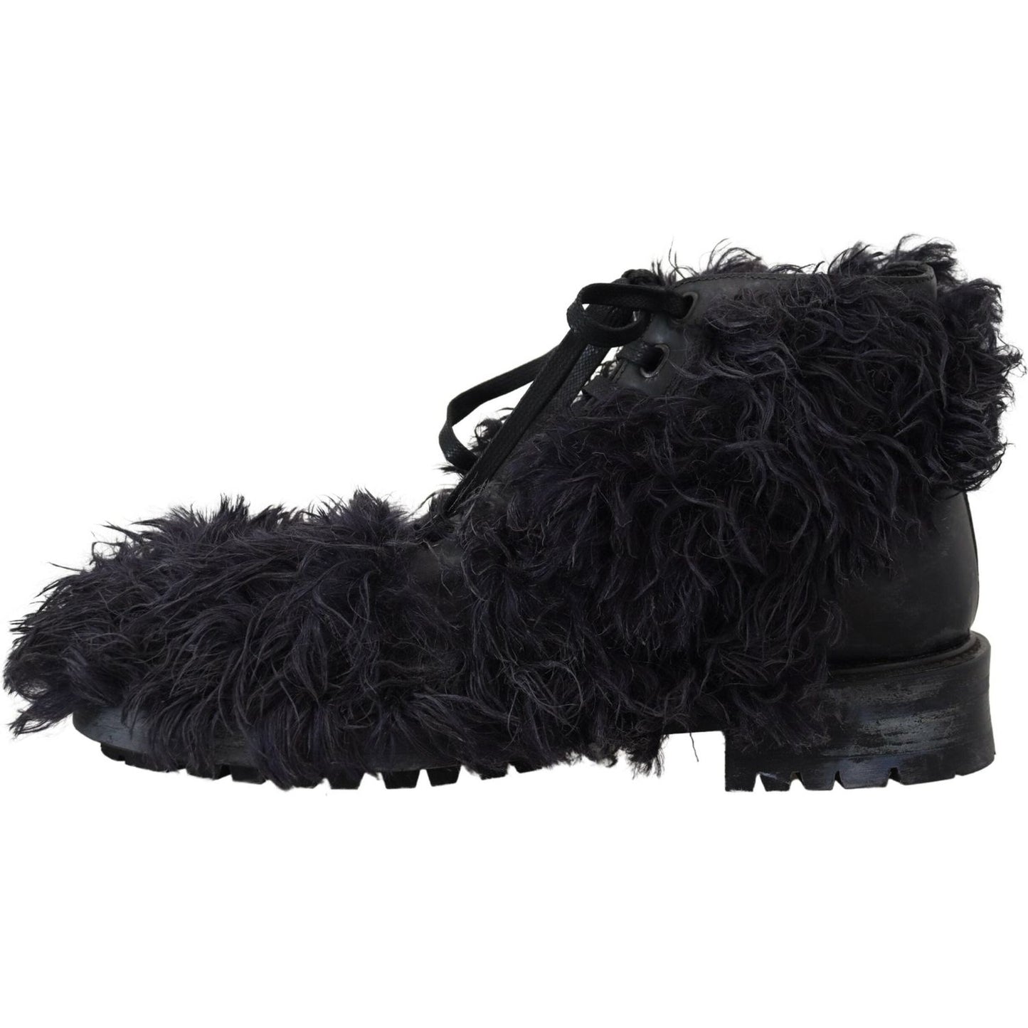 Dolce & Gabbana Black Leather Combat Shearling Boots Shoes