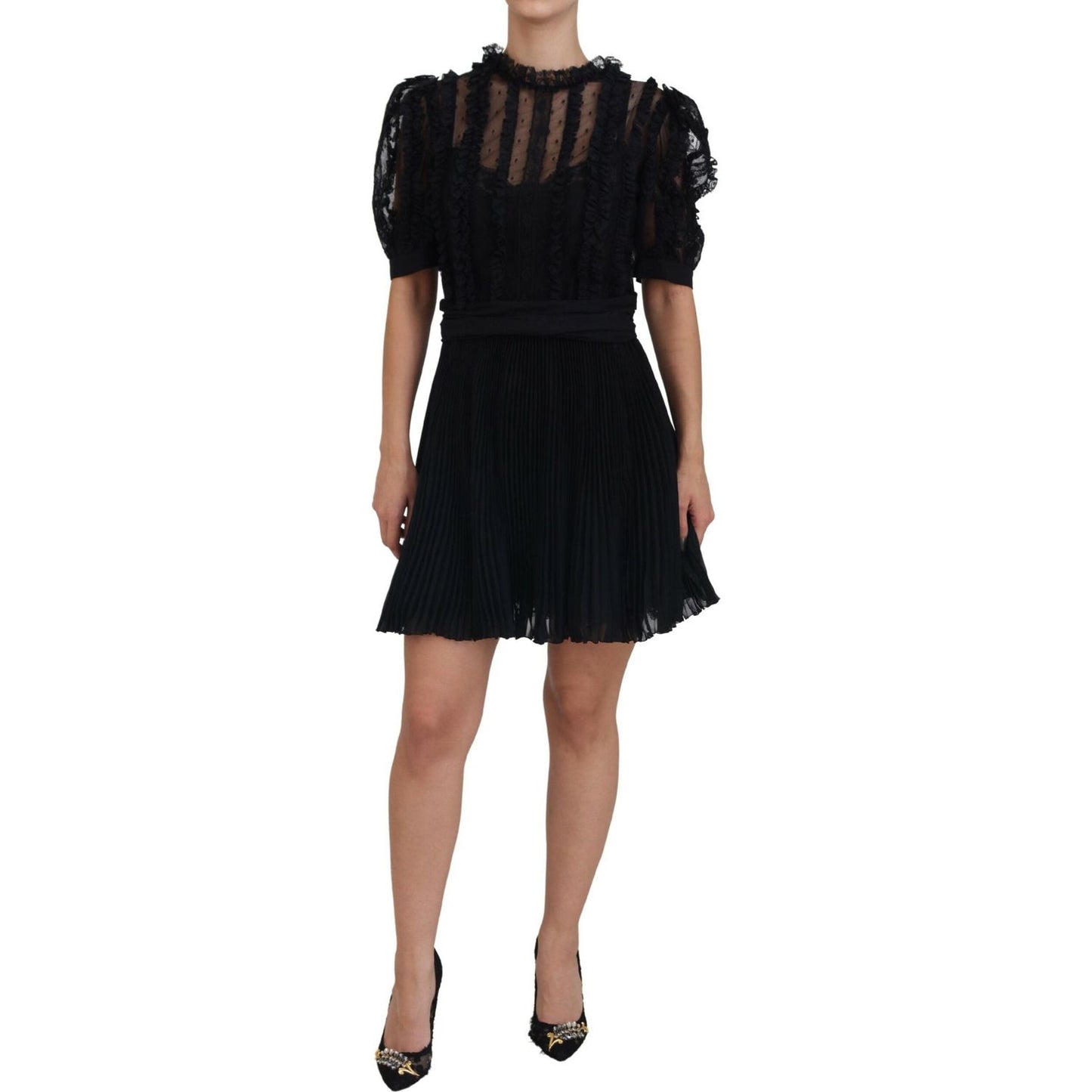 Dolce & Gabbana Black Lace Trim A-line Mini Nylon Dress DR28847