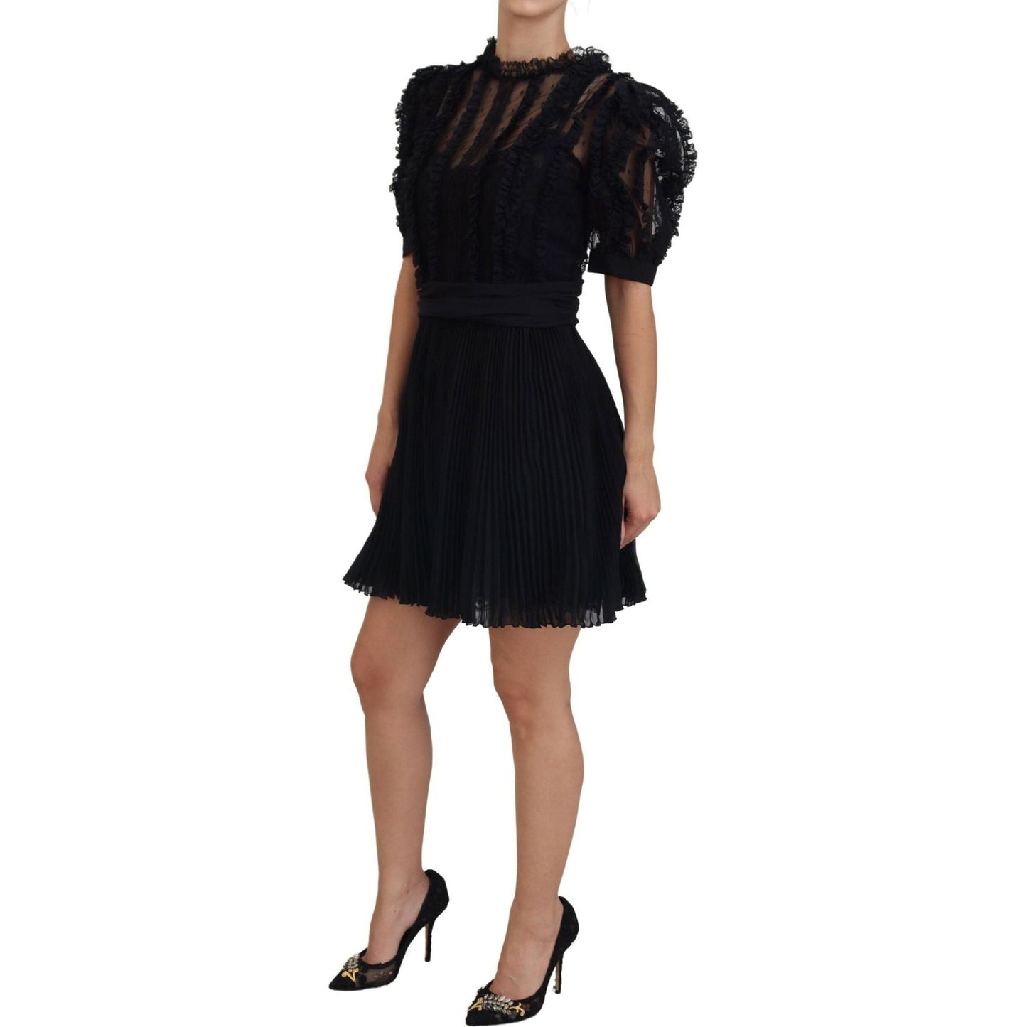 Dolce & Gabbana Black Lace Trim A-line Mini Nylon Dress DR28847