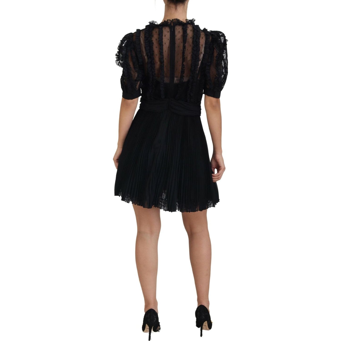 Dolce & Gabbana Black Lace Trim A-line Mini Nylon Dress DR28847