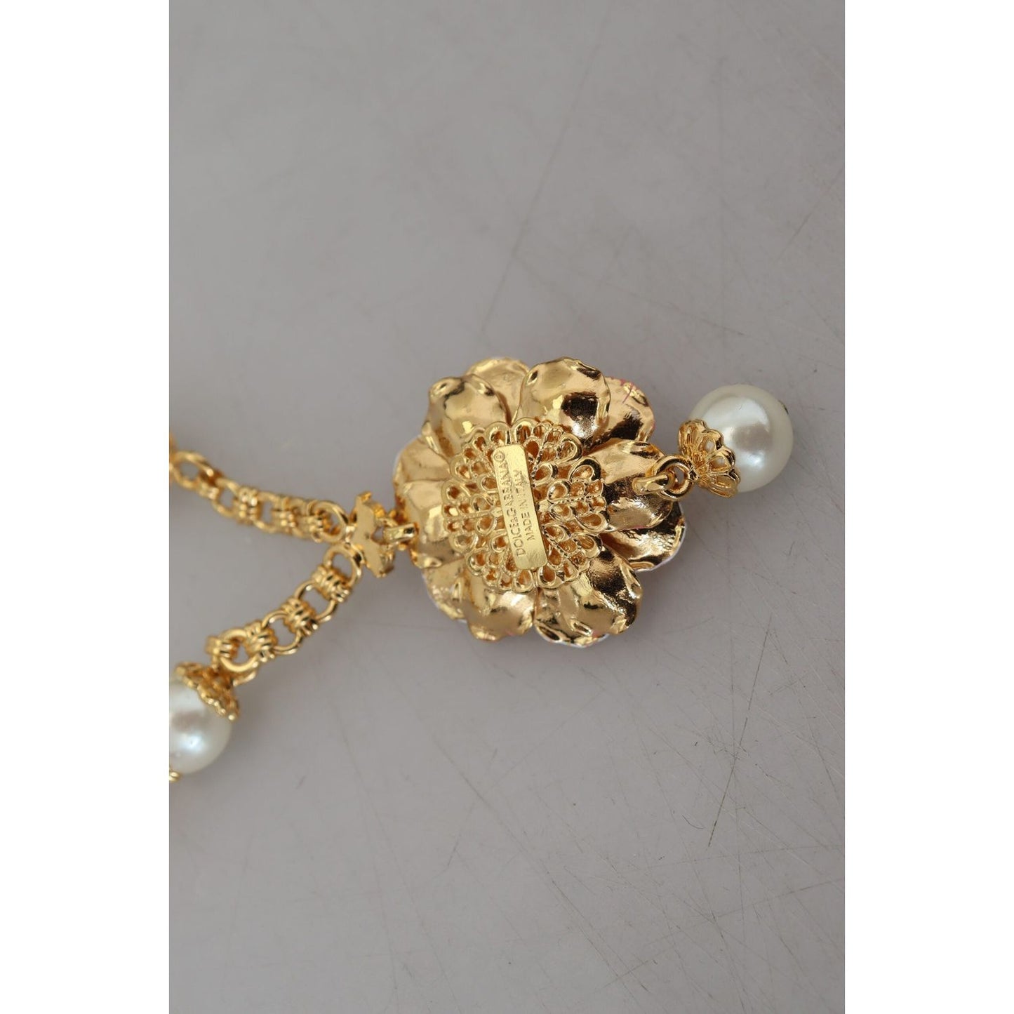 Dolce & Gabbana Gold Tone Floral Crystals Pink Embellished Necklace SMY101069