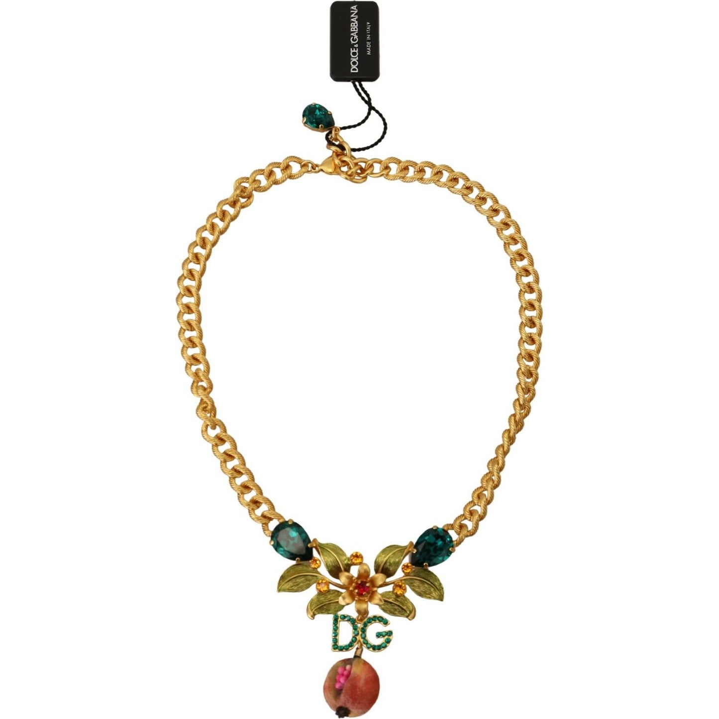 Dolce & Gabbana Gold Brass Crystal Logo Fruit Floral Statement Necklace Necklace