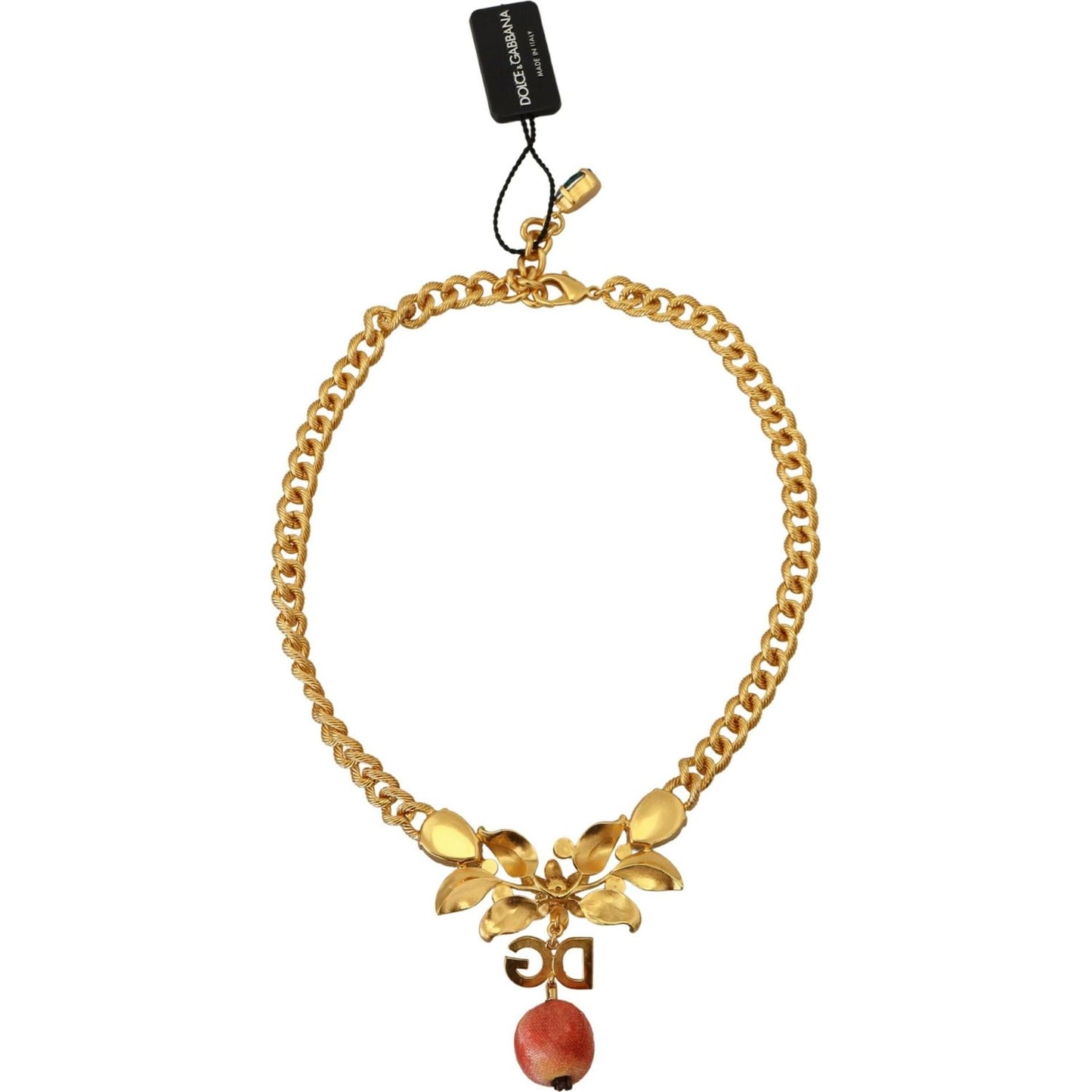 Dolce & Gabbana Gold Brass Crystal Logo Fruit Floral Statement Necklace Necklace