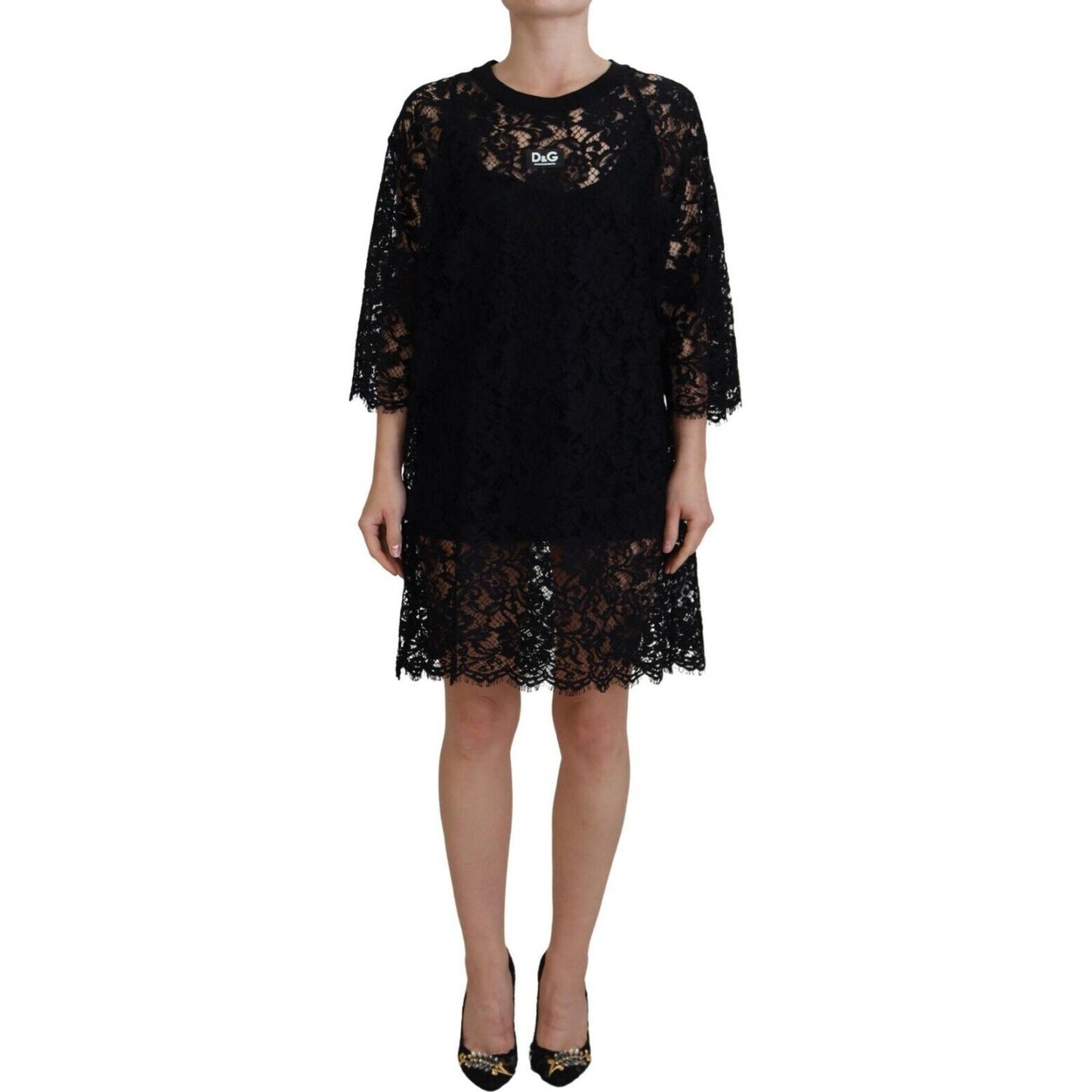 Dolce & Gabbana Black Floral Lace Cotton Shift Mini Dress DR28864 -40