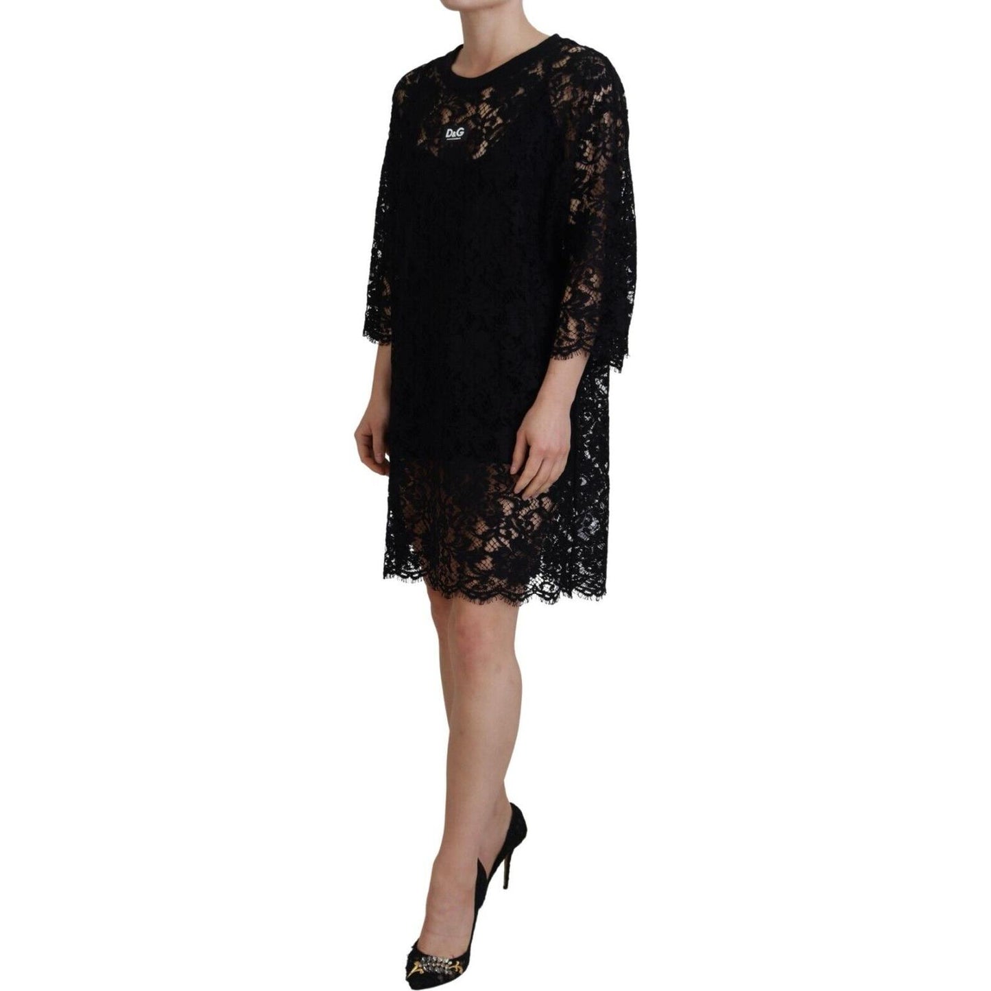 Dolce & Gabbana Black Floral Lace Cotton Shift Mini Dress DR28864 -40