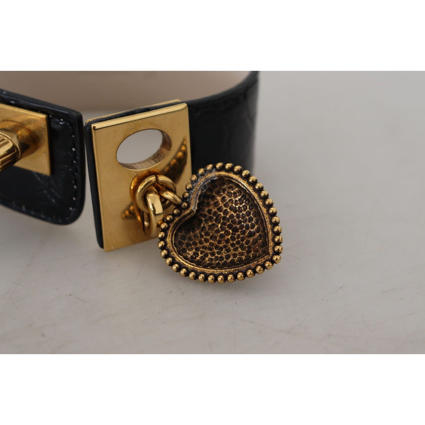 Dolce & Gabbana Black Dauphine Leather DG Heart Key Ring Bracelet SMY101109