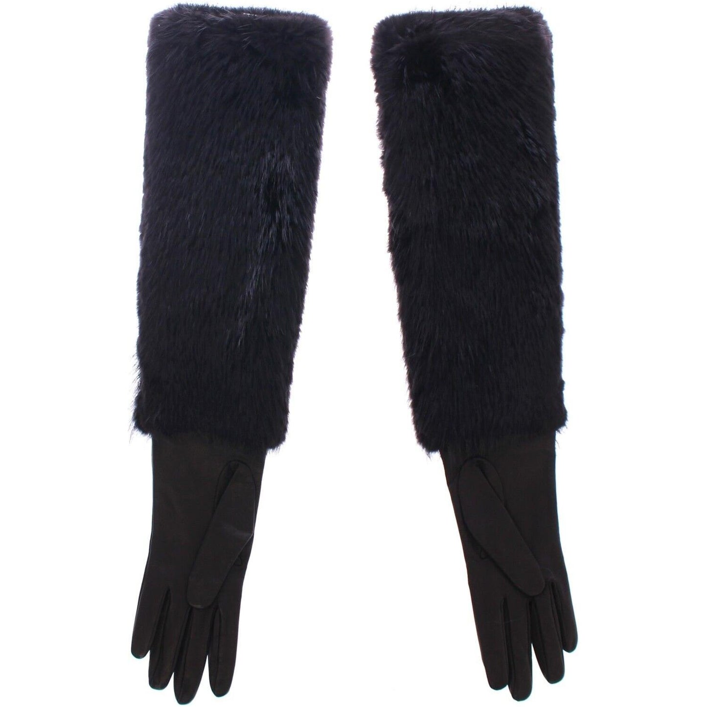 Dolce & Gabbana Black Beaver Fur Lambskin Leather Elbow Gloves MOM11432- 7.5