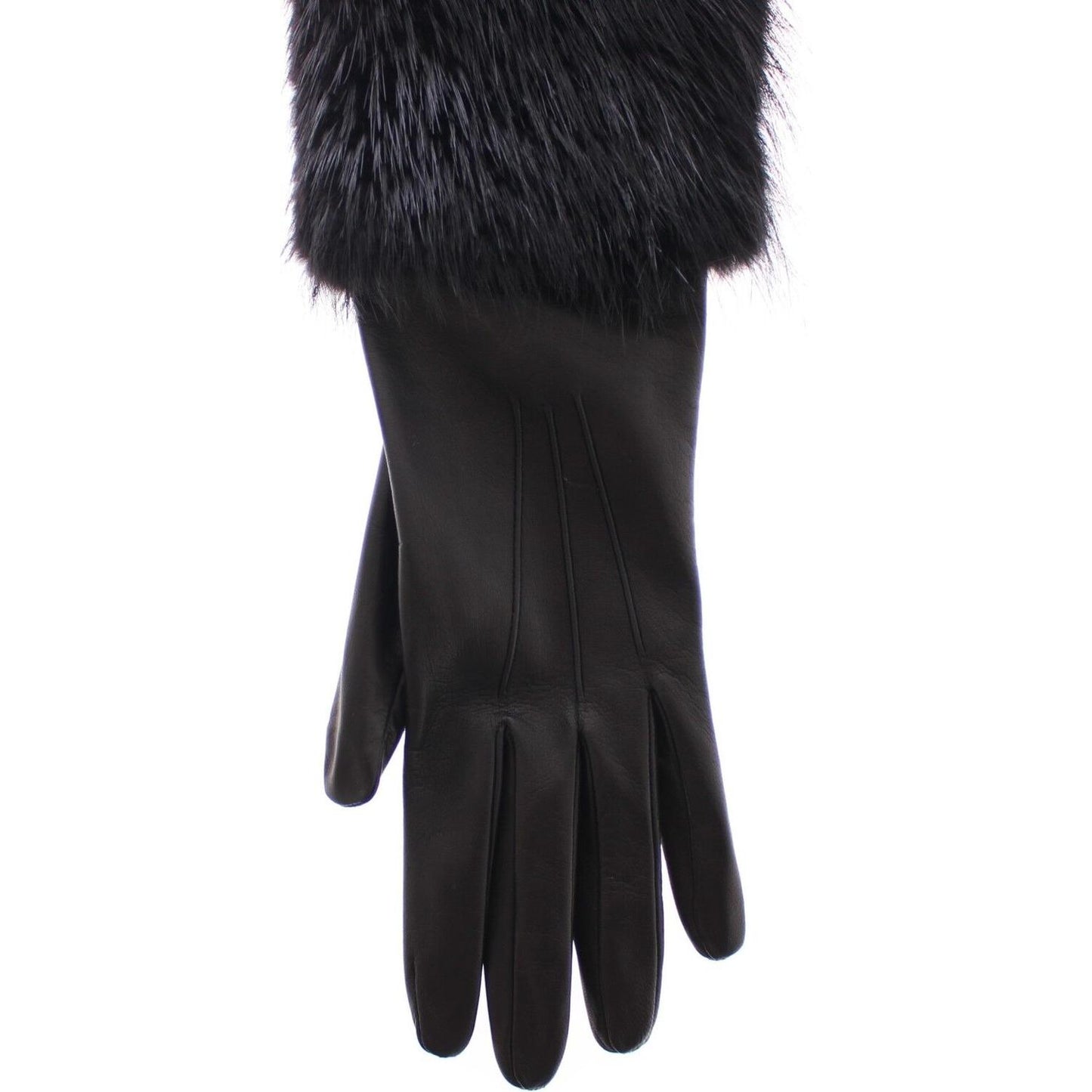 Dolce & Gabbana Black Beaver Fur Lambskin Leather Elbow Gloves MOM11432- 7.5