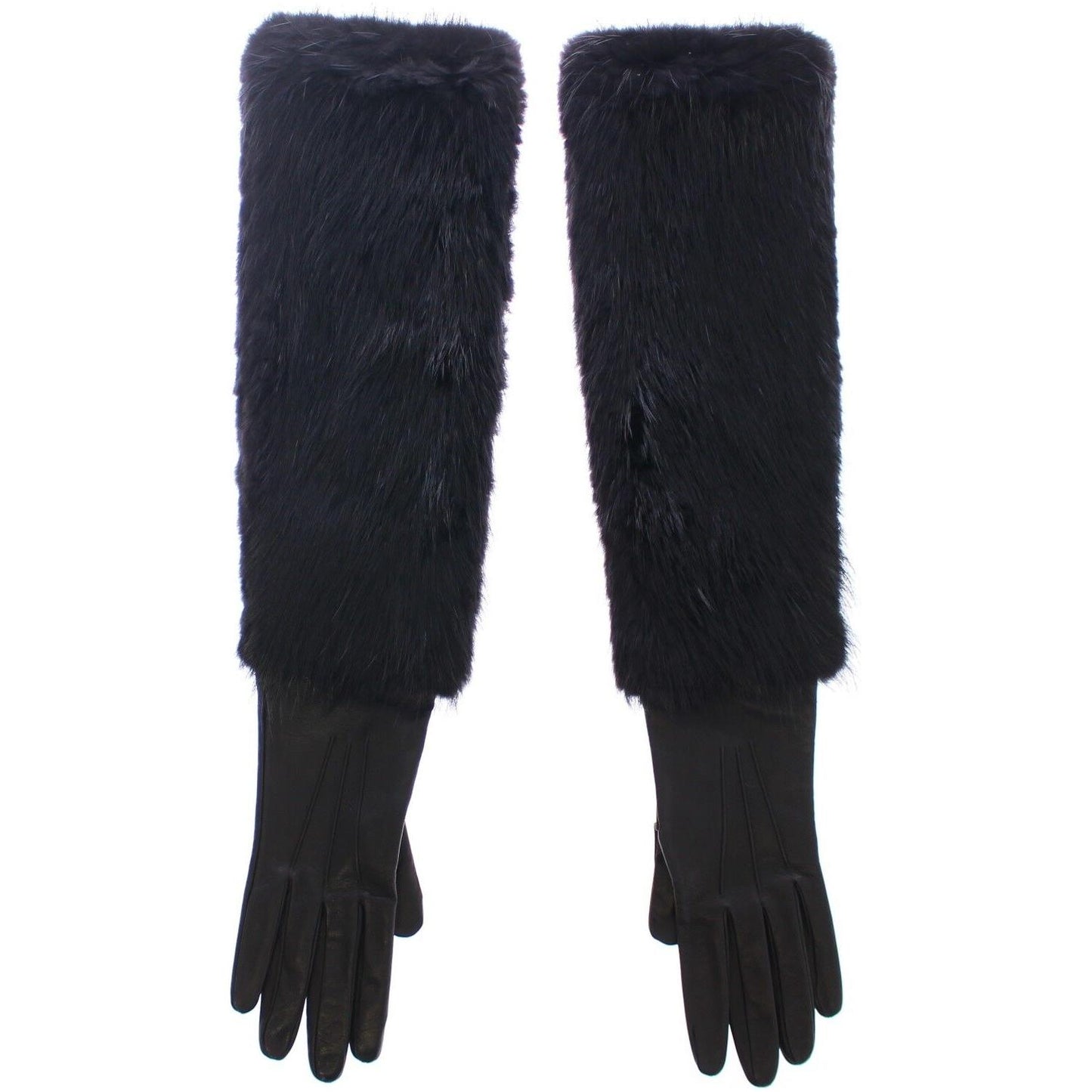 Dolce & Gabbana Black Beaver Fur Lambskin Leather Elbow Gloves MOM11432- 7.5