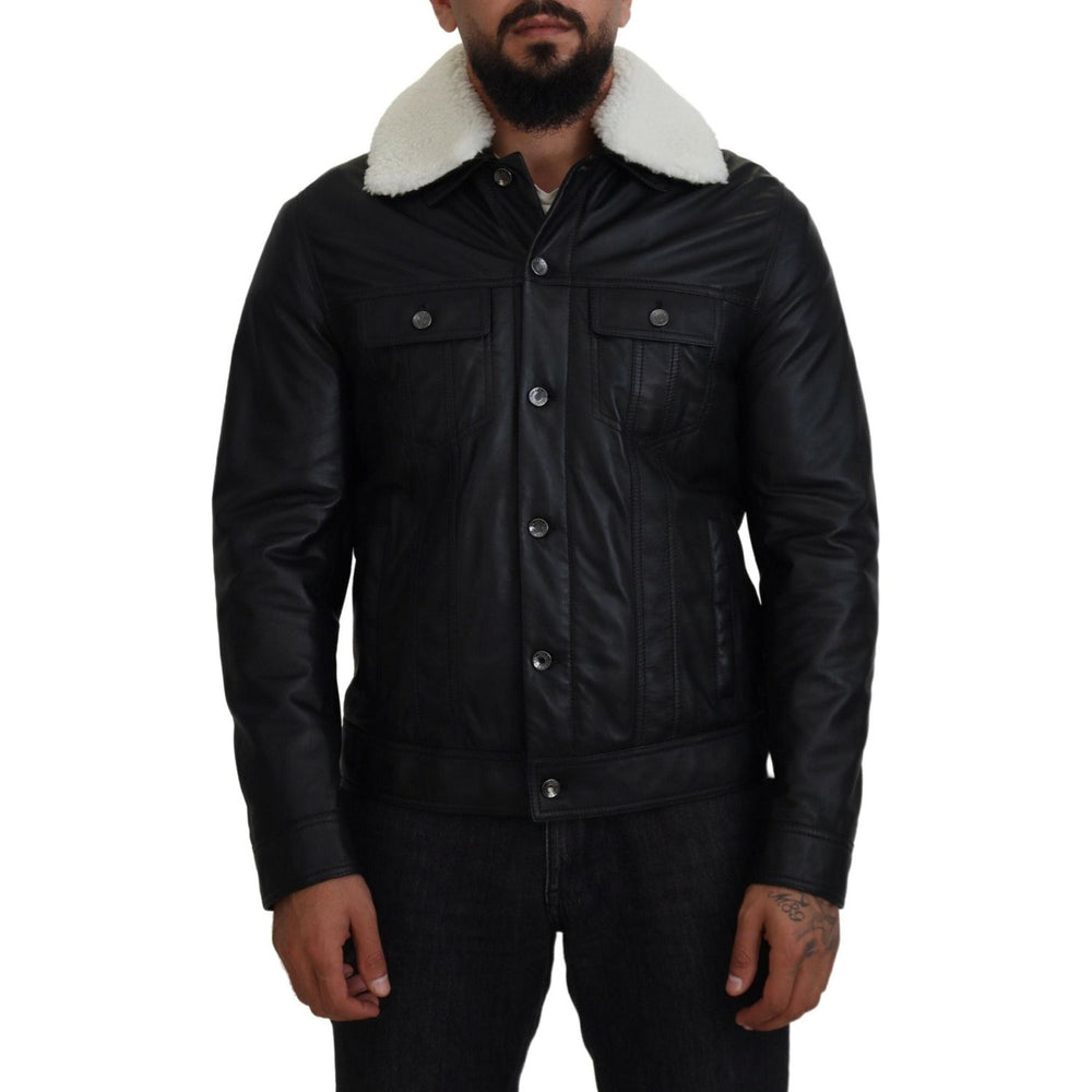 Dolce & Gabbana Black Lamb Leather Collared Men Coat Jacket JKT3597-48