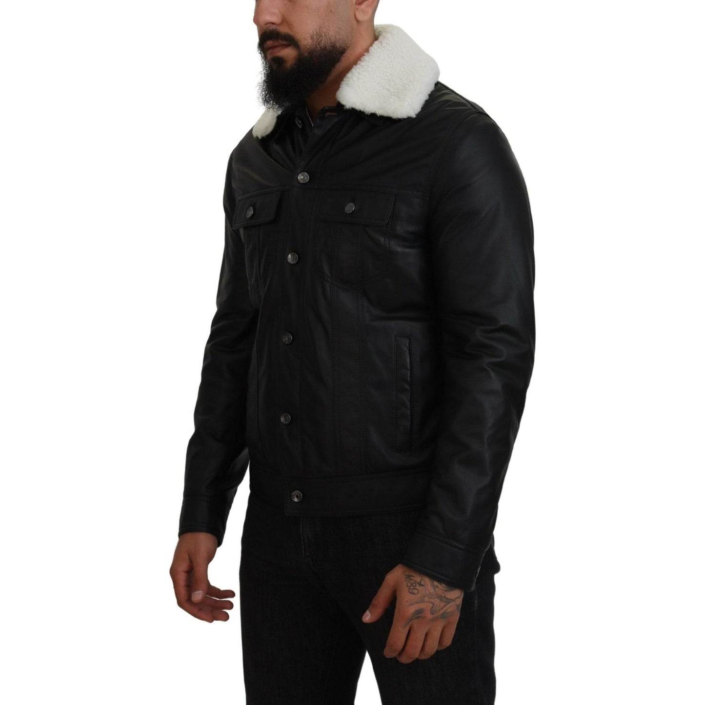 Dolce & Gabbana Black Lamb Leather Collared Men Coat Jacket JKT3597-48
