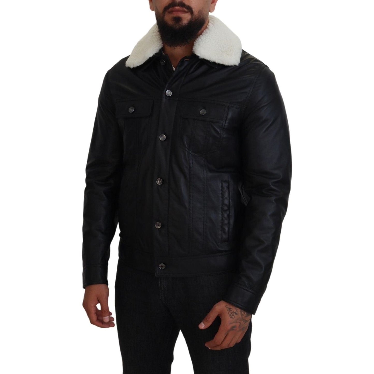 Dolce & Gabbana Black Lamb Leather Collared Men Coat Jacket JKT3597-48