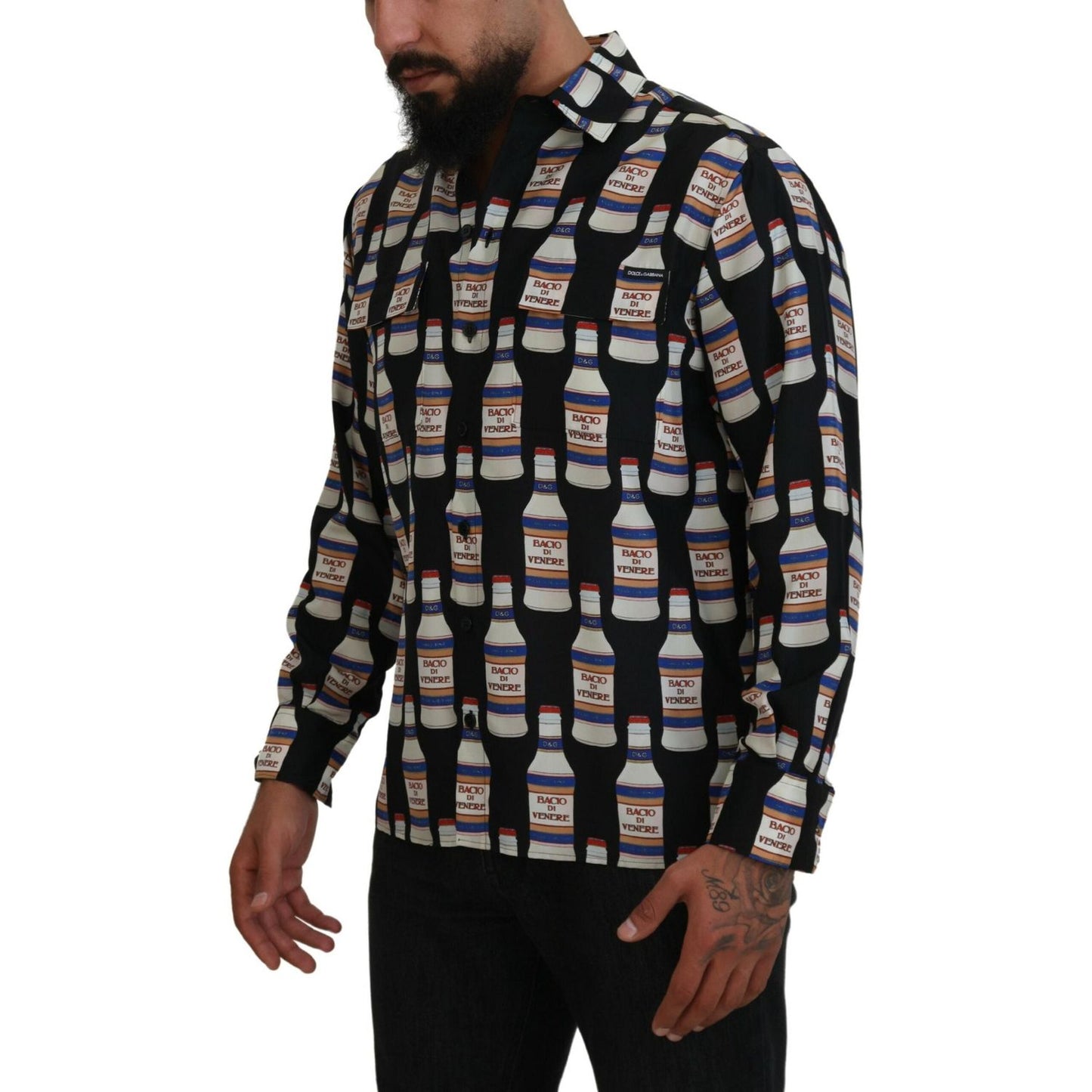 Dolce & Gabbana Black Silk Printed Collared Men Casual Shirt TSH83789-37