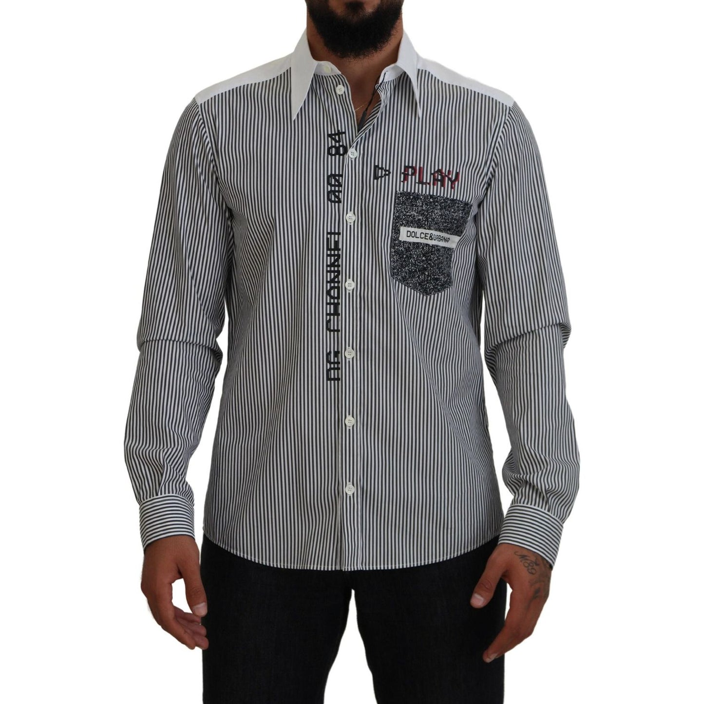 Dolce & Gabbana Black White Striped Printed Casual Cotton Shirt TSH83792-41