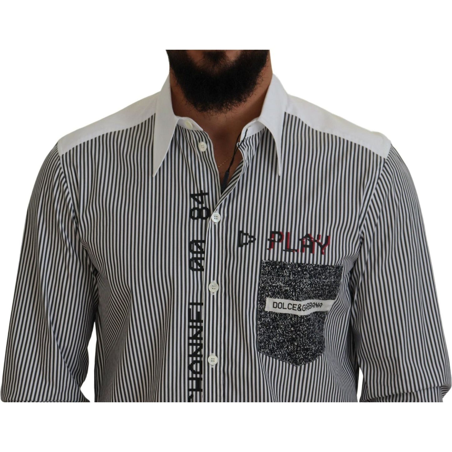 Dolce & Gabbana Black White Striped Printed Casual Cotton Shirt TSH83792-41