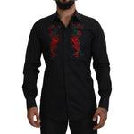 Dolce & Gabbana Black Floral Embroidery Men Long Sleeves GOLD Shirt TSH84058-38