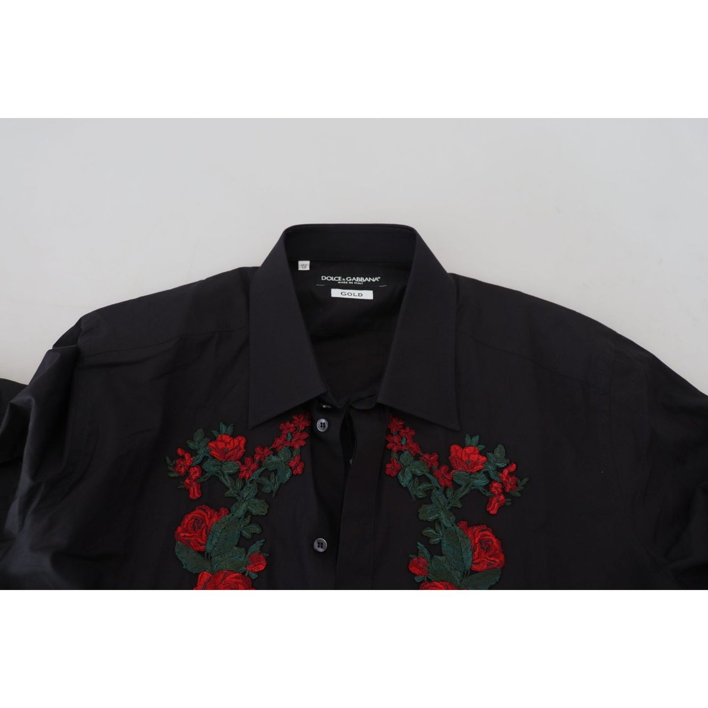 Dolce & Gabbana Black Floral Embroidery Men Long Sleeves GOLD Shirt TSH84058-38