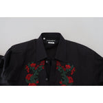 Dolce & Gabbana Black Floral Embroidery Men Long Sleeves GOLD Shirt TSH84058-38