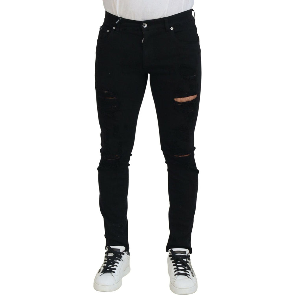 Dolce & Gabbana Black Slim Fit Tattered Denim Cotton Jeans PAN74218-48