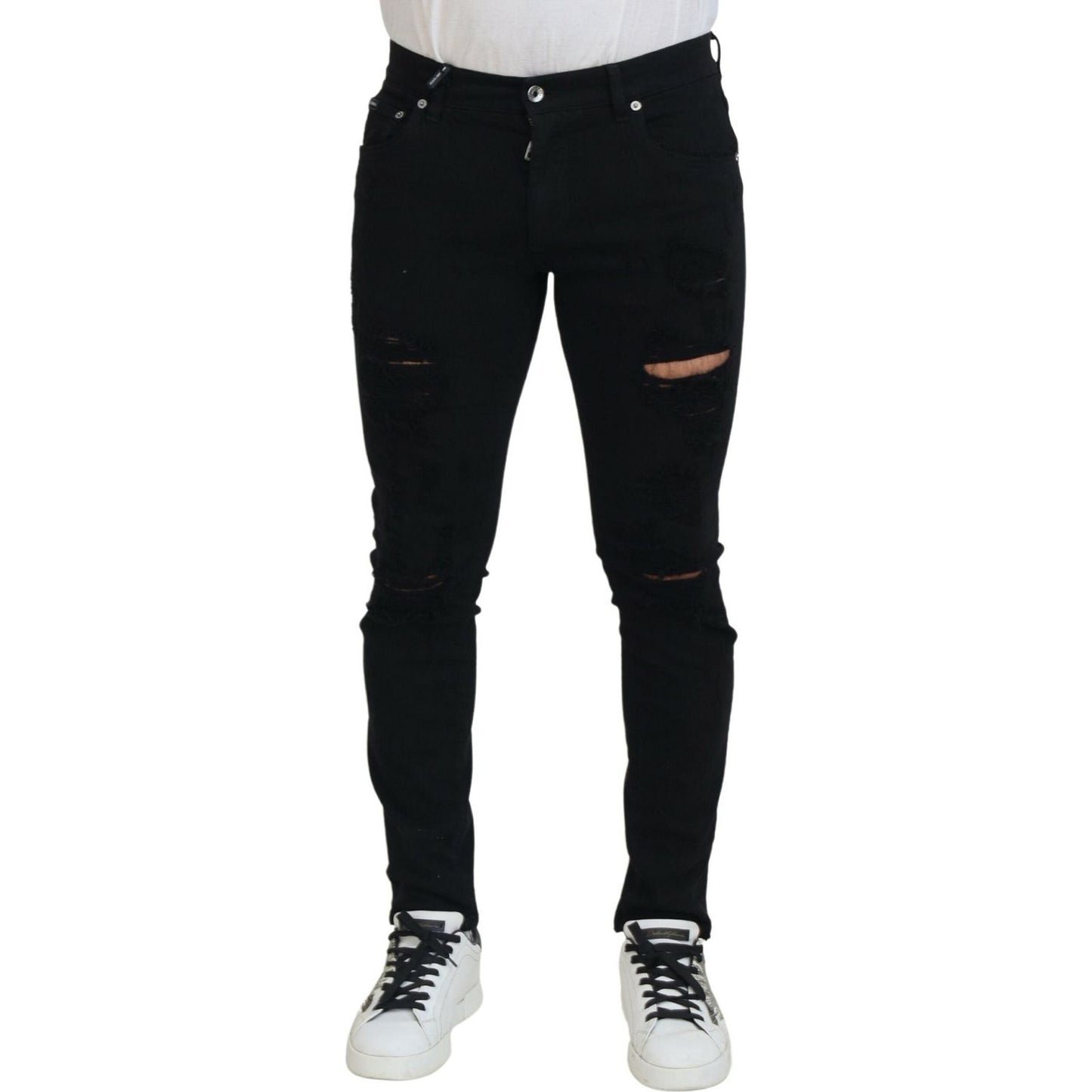 Dolce & Gabbana Black Slim Fit Tattered Denim Cotton Jeans PAN74218-48