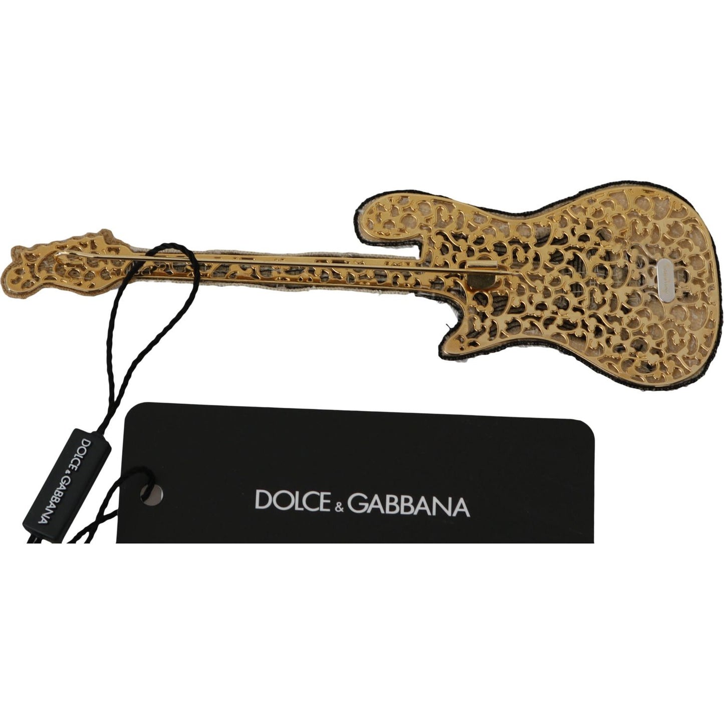 Dolce & Gabbana Gold Brass Beaded Guitar Pin Accessory Brooch SMY2041