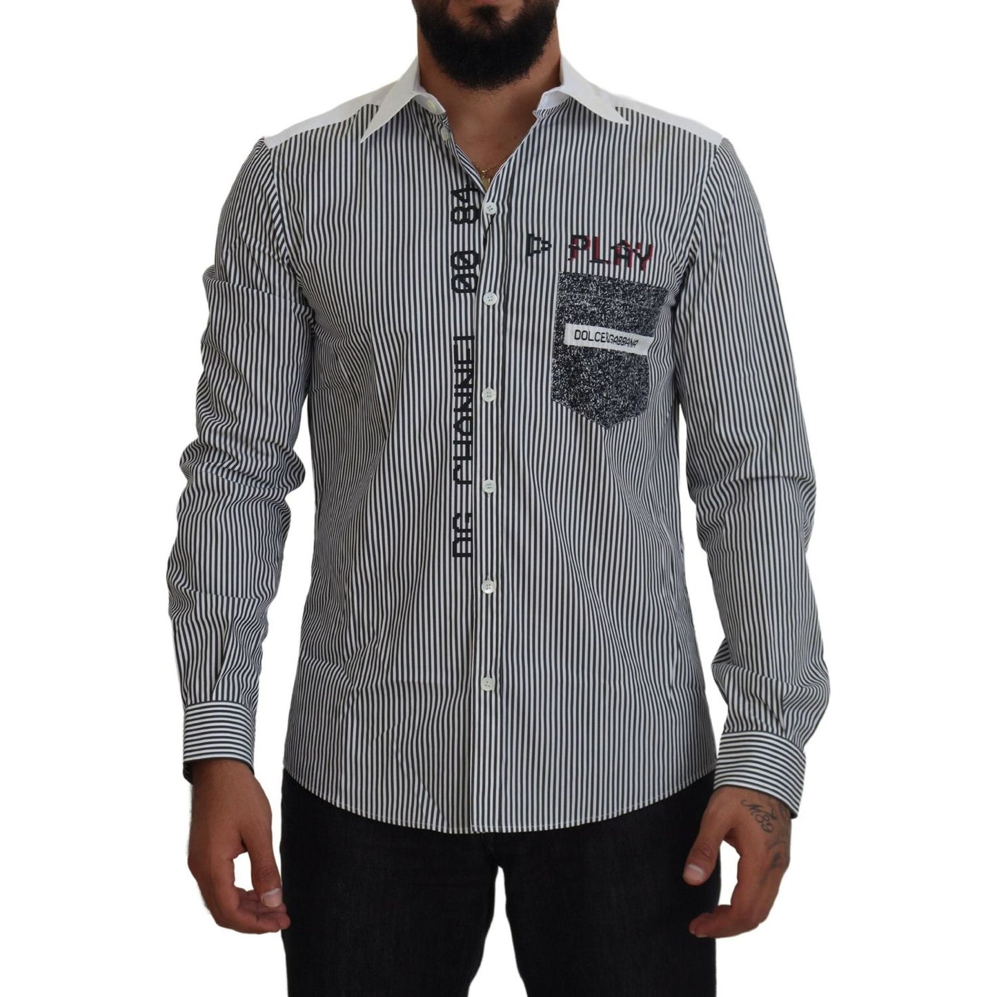 Dolce & Gabbana Gray White Striped Slim Fit Shirt TSH83870- 37