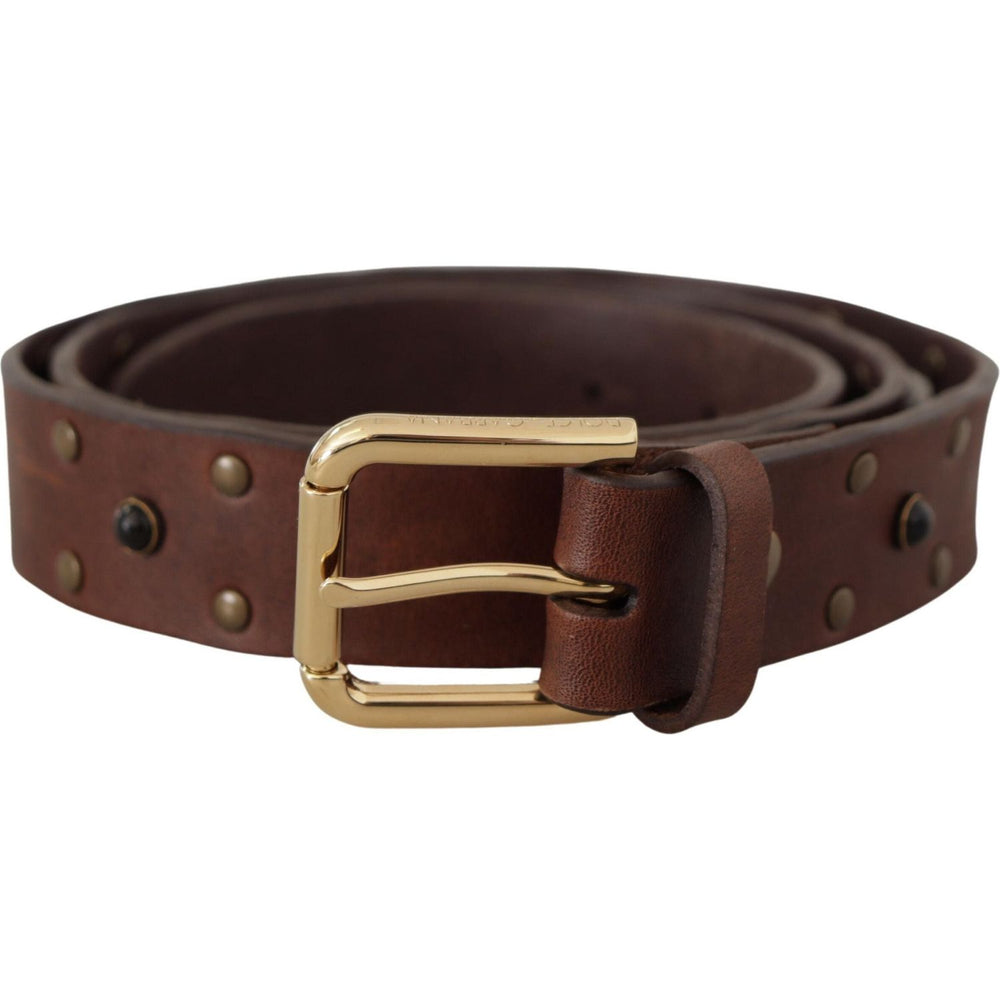 Dolce & Gabbana Brown Leather Studded Gold Tone Metal Buckle Belt BEL8612-90