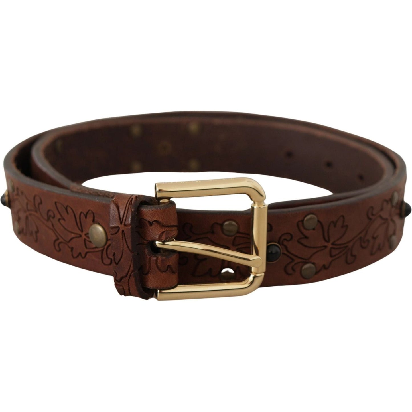 Dolce & Gabbana Brown Leather Floral Studded Metal Buckle Belt