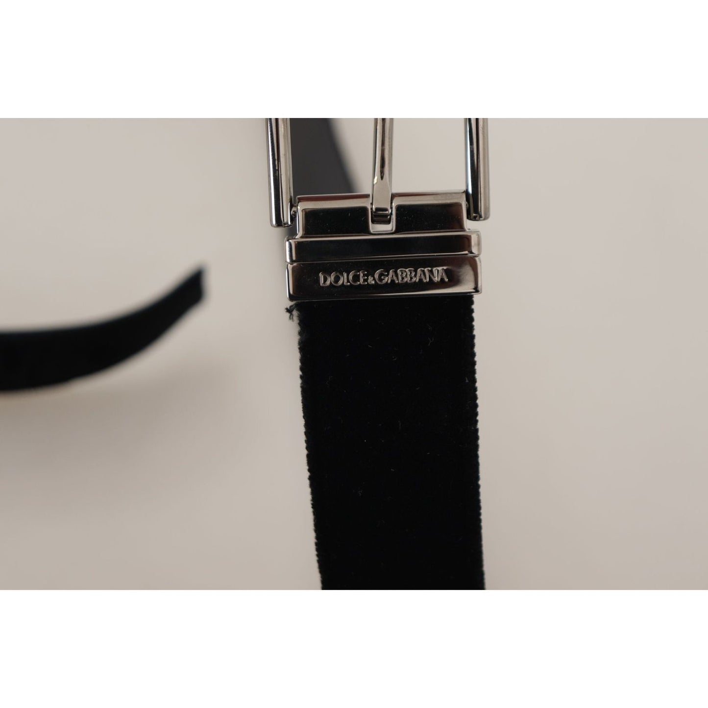 Dolce & Gabbana Black Velvet Silver Logo Engraved Metal Buckle Belt BEL8635#2-90