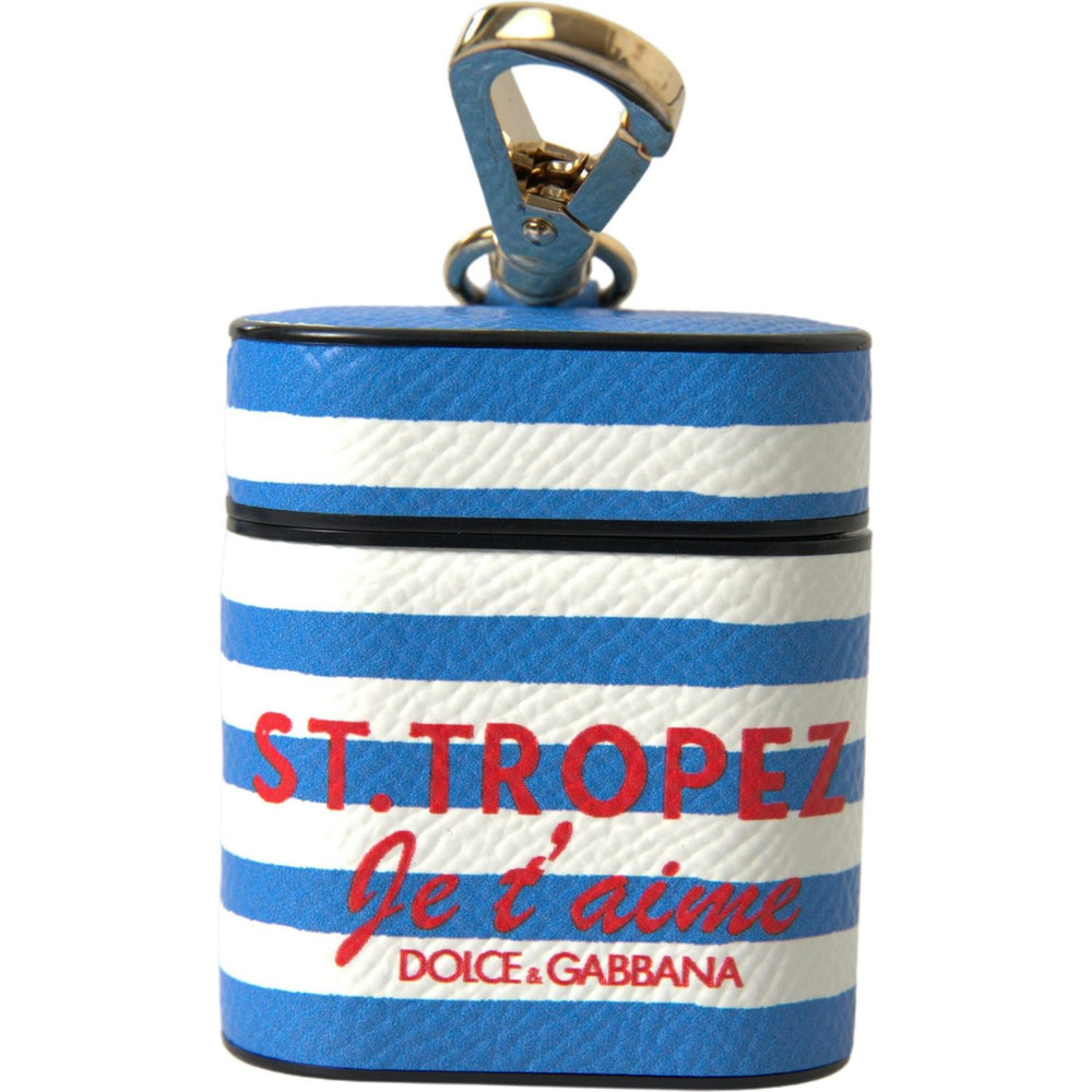 Dolce & Gabbana Blue Stripe Dauphine Leather Logo Print Airpod Case SMY101175