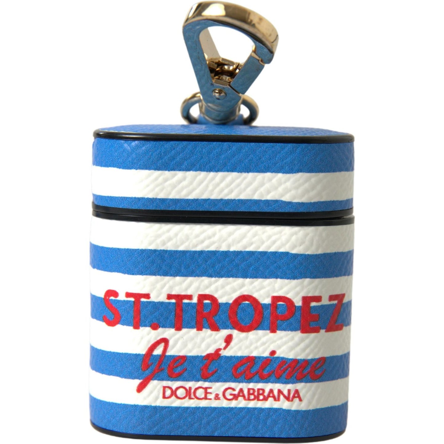 Dolce & Gabbana Blue Stripe Dauphine Leather Logo Print Airpod Case SMY101175