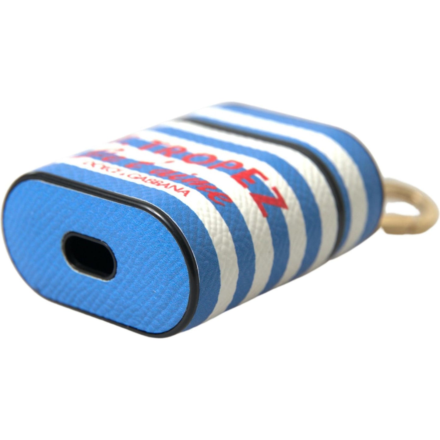 Dolce & Gabbana Blue Stripe Dauphine Leather Logo Print Airpod Case SMY101175