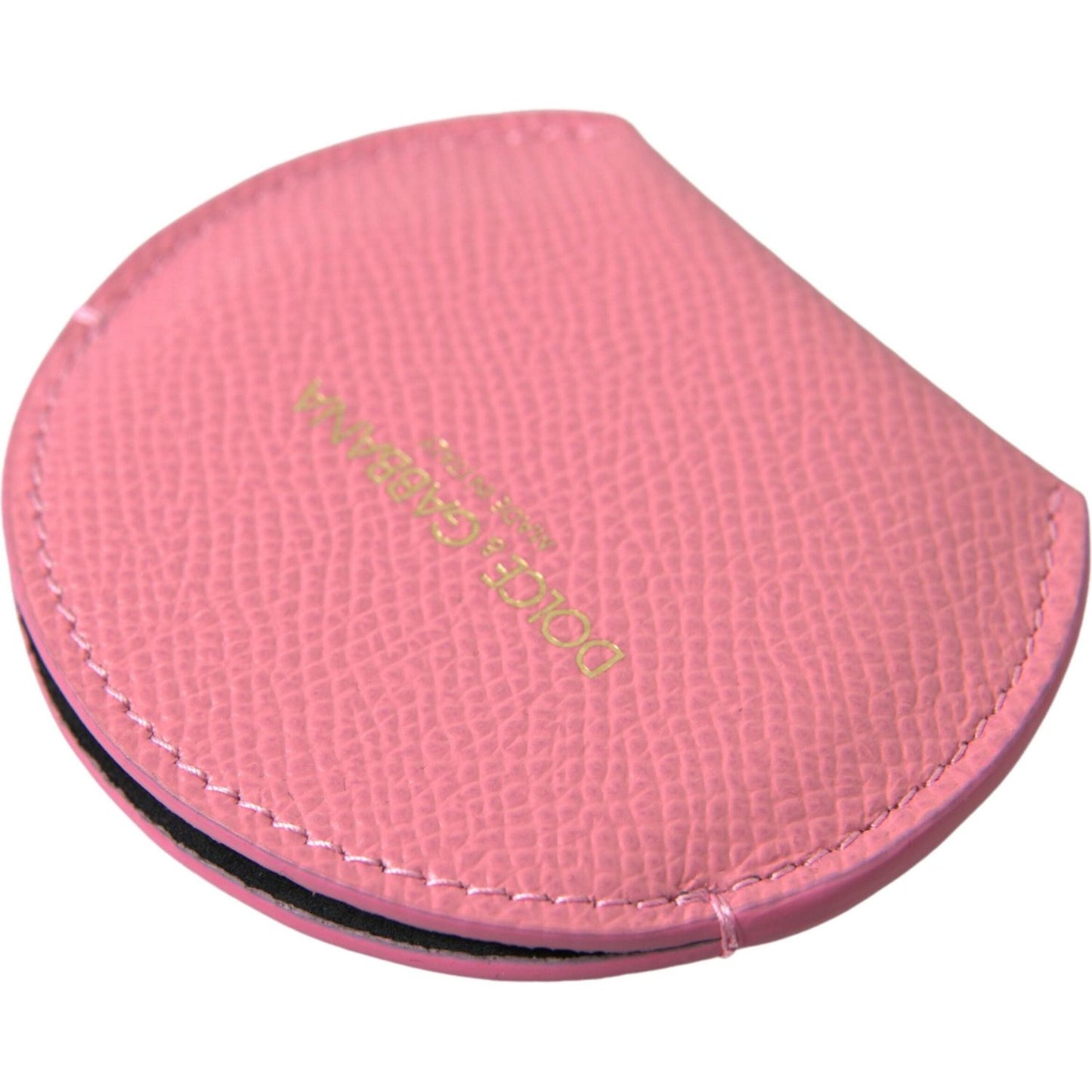 Dolce & Gabbana Pink Calfskin Leather Round Logo Print Hand Mirror Holder SMY101204