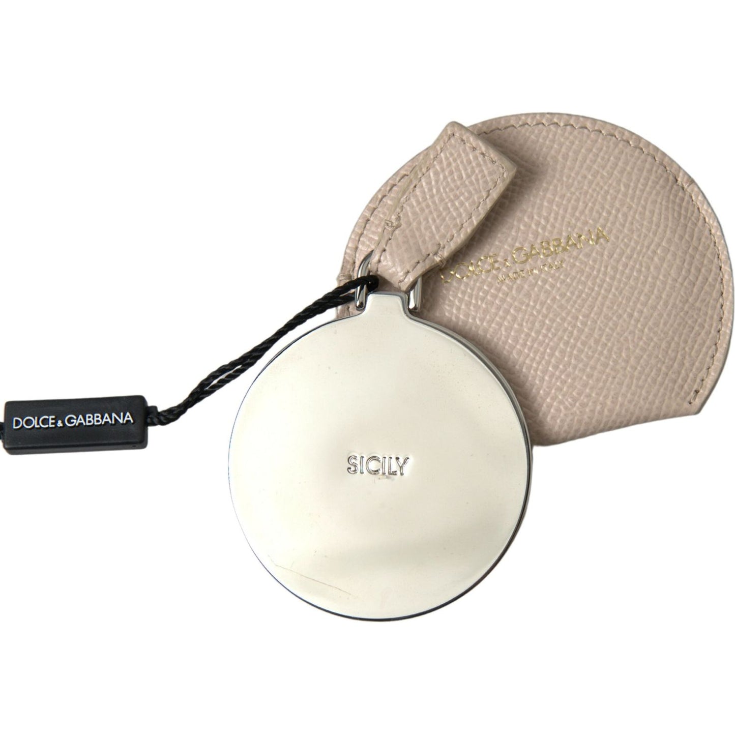 Dolce & Gabbana Beige Calfskin Leather Round Logo Hand Mirror Holder