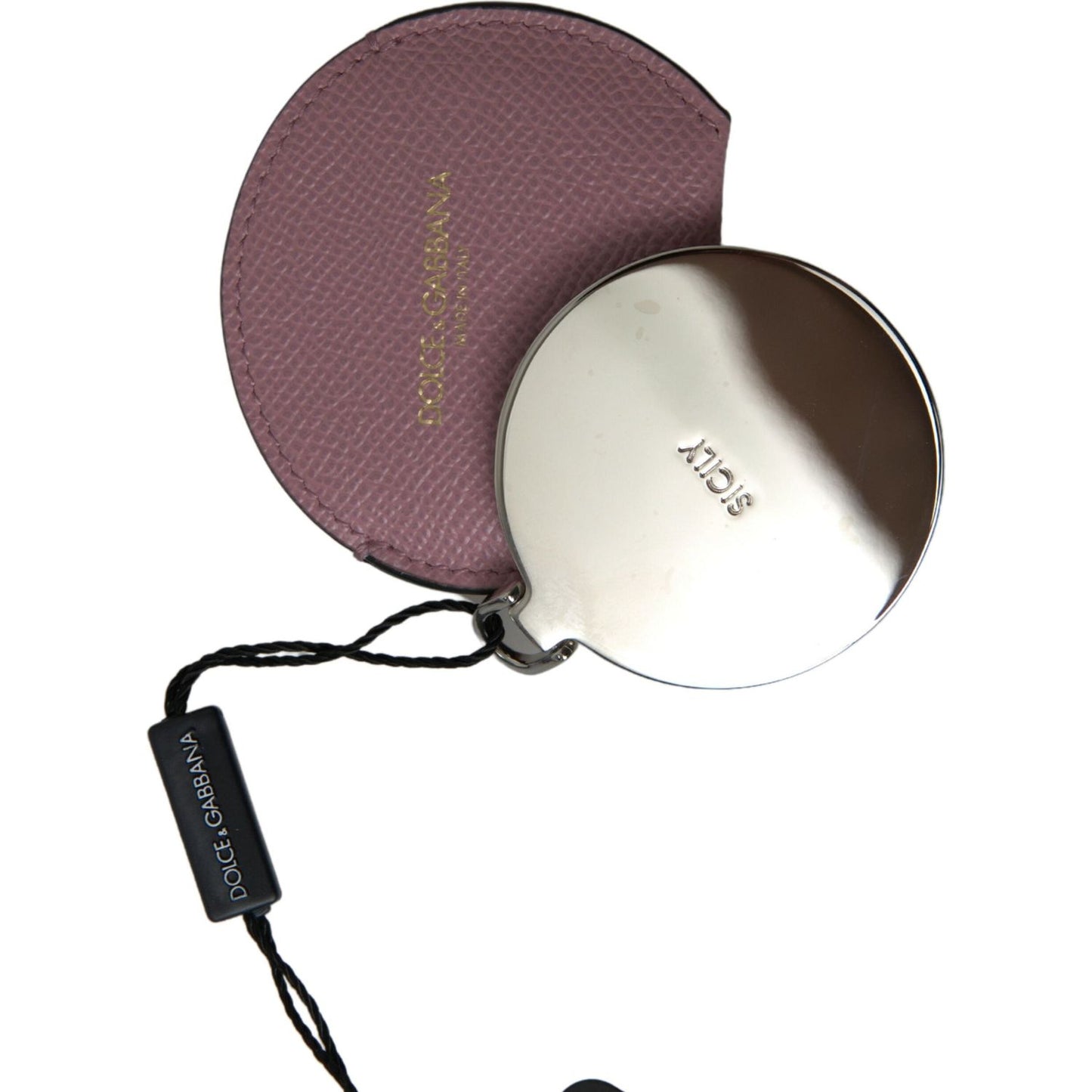 Dolce & Gabbana Pink Calfskin Leather Round Logo Print Hand Mirror Holder SMY101208